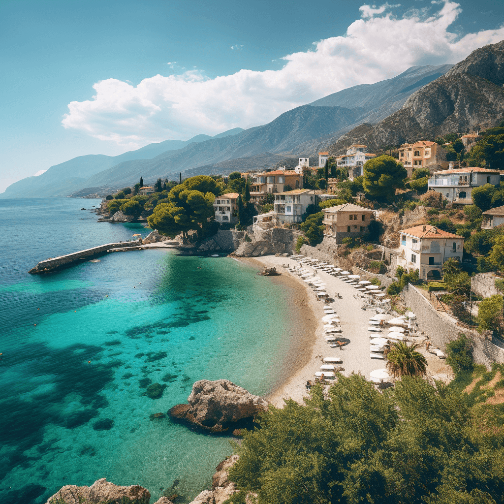 An arial view of a town on the Albanian Riviera 