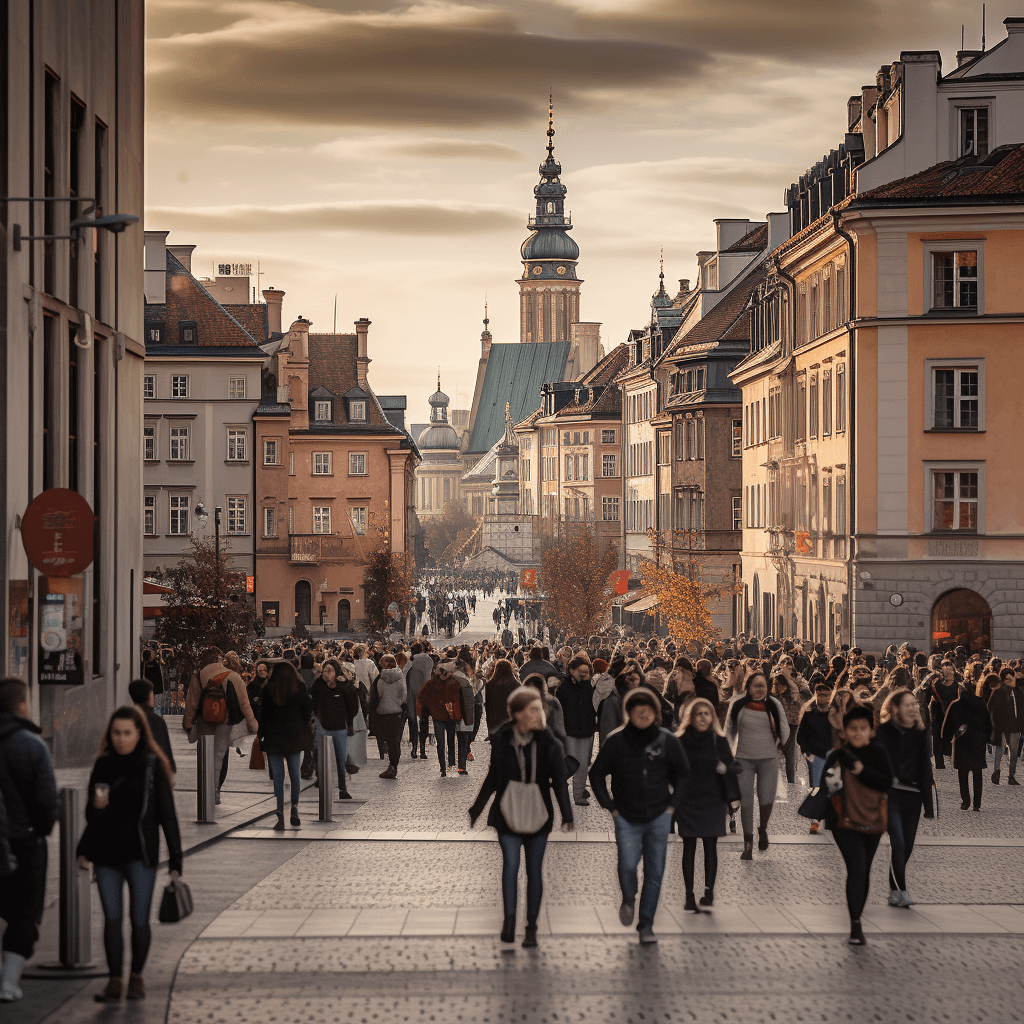 People walking around Warsaw Poland.