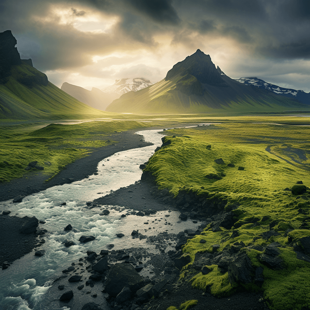 Scenic view of the mountains and stream in Iceland