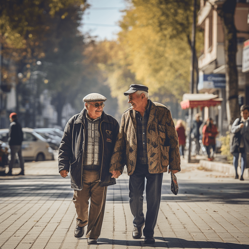 A couple of men in their 60's walking around the streets of Bucharest.